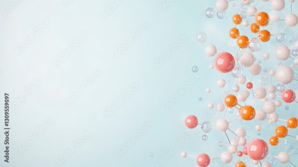 Poster colorful spheres float against a soft blue background, creating a dynamic and playful visual effect.