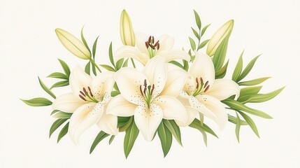 Obraz premium A delicate arrangement of white lilies surrounded by lush green leaves on a soft background, symbolizing purity and elegance.