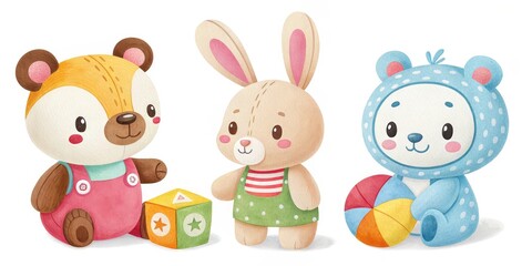 Obraz premium Cute Watercolor Stuffed Animals Bear, Bunny and Hooded Bear with Toys, nursery decor , clip art