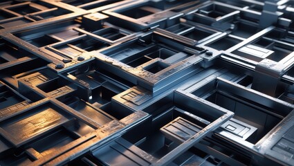 Abstract Metallic Geometric Structure Complex Interlocking Metal Framework Design Industrial
