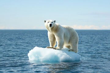 Stranded Polar Bear on a Small Melting Iceberg Amidst Oceanic Waters