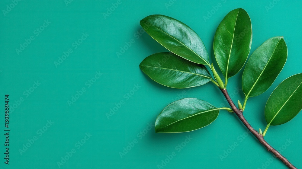 Poster vibrant green leaves on a branch against a teal background. the image features a simple composition 