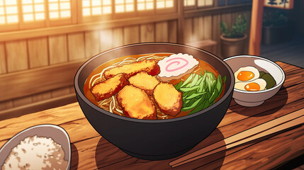 Bowl of warm anime style oden with skewered fish cakes served on a rustic wooden table for a cozy dining experience