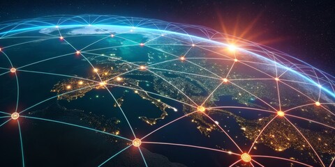 Connected Earth Global Network Over City Lights at Sunrise, Connectivity , Technology