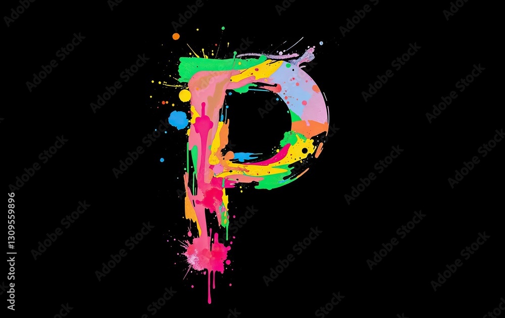 Poster vibrant letter P bursts forth from darkness crafted with array of colorful splashes and drips