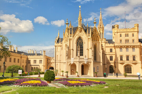 Lednice, Czech Republic. Beautiful view of Lednice Castle, built in neo-Gothic, Tudor Gothic style, Lednice and Valtice area, South Moravia. Listed as UNESCO World heritage.