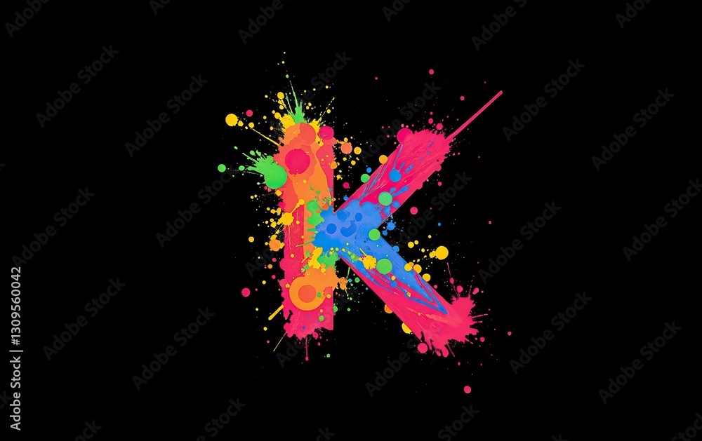 Poster vibrant multi colored letter k bursts forth constructed from dynamic paint splatters against stark b