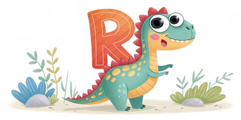 Naklejka premium Cartoon Dino with Letter R, alphabet , dinosaur