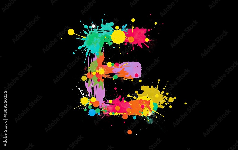 Poster stylized alphabet e made up of vivid multicolored paint splashes and splatters on clean black backgr