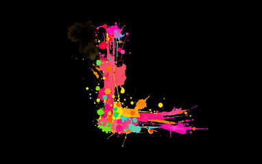 Abstract letter L shape made of watercolor splatter on black background bright colorful artistic design