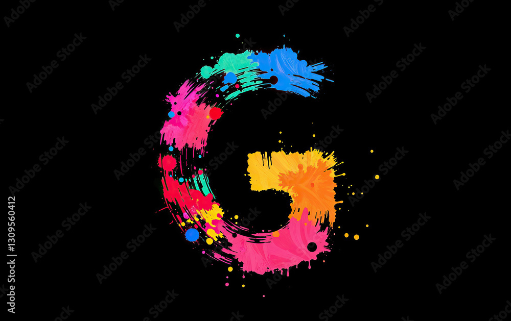 Poster vibrant letter g is creatively designed with colorful paint splashes against simple black background