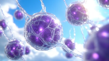 Abstract image of purple spheres connected by translucent filaments against a bright, cloudy sky. The spheres glow with an inner light, creating a vibrant, ethereal scene.