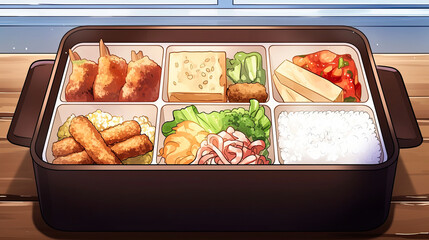 Nostalgic anime childhood lunchbox filled with homemade food and snacks featuring a bent lid and playful designs from a classic era