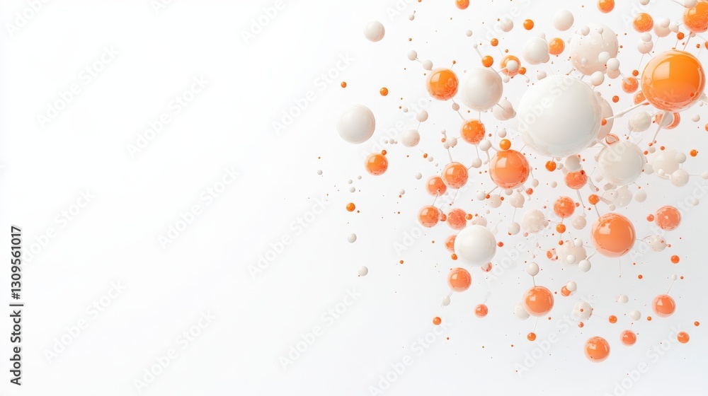 Poster abstract composition of floating spheres in orange and white against a light background, creating a 