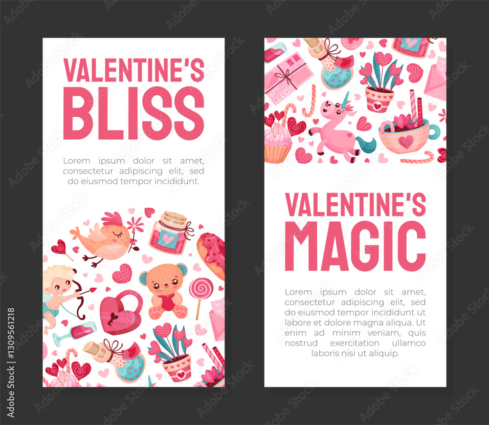 Poster valentines day symbol and attribute with heart banner design vector template