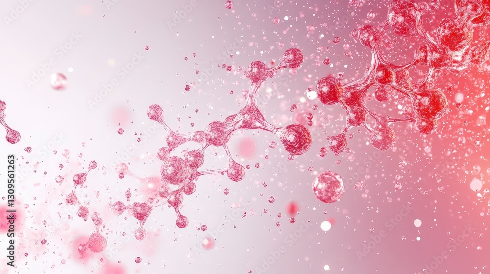Poster vibrant abstract a glucose molecule design featuring flowing red particles on a soft gradient backgr