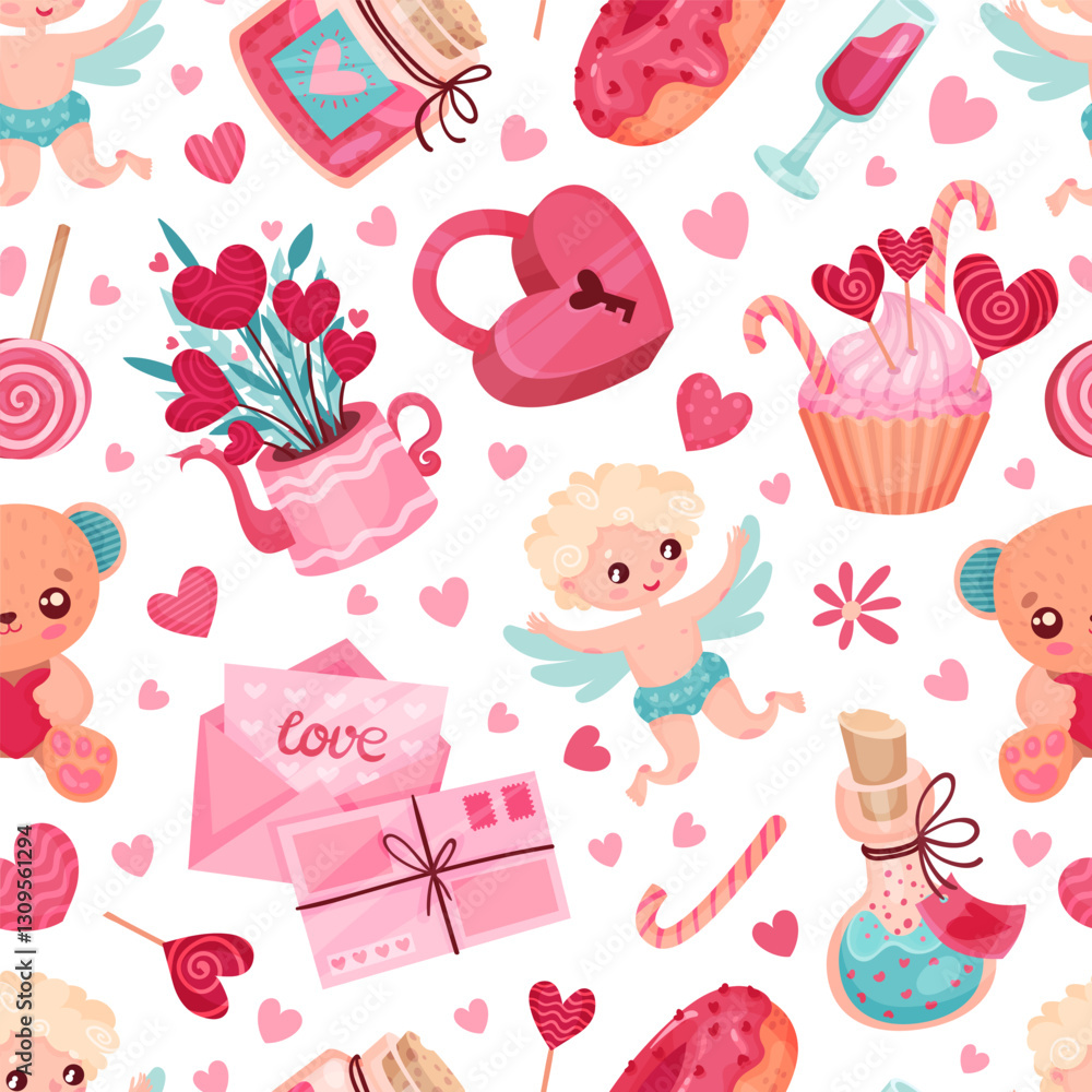 Fototapete valentines day seamless pattern with symbol and attribute with heart vector template