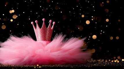Close-up of a tiny pink crown on a fluffy tutu dress, golden glitter floating in the air, evoking a magical princess theme.