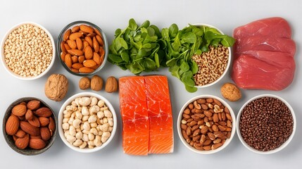 Fresh ingredients including salmon, nuts, grains, and greens arranged balanced meal and proteins healthy fats and complex carbs