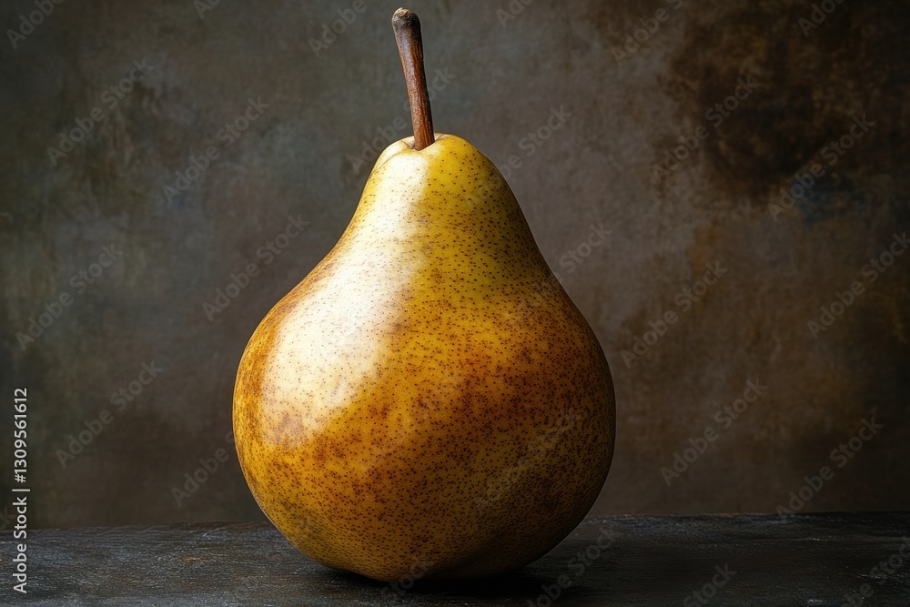 Poster Freshly harvested pear displayed on a rustic surface with a textured background in soft light