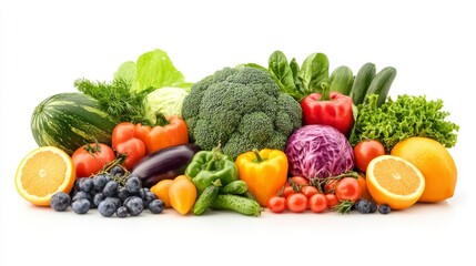 A colorful composition of fresh fruits and vegetables rich in vitamins, including broccoli, peppers, tomatoes, and citrus, arranged appealingly on a white background.