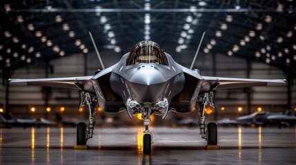 Close-up of an F-35 nose and cockpit inside a military airbase hangar, under moody lighting.