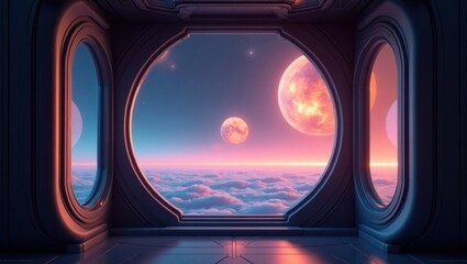 Futuristic Spaceship Window View Alien Planets Cloudscape and Sunset