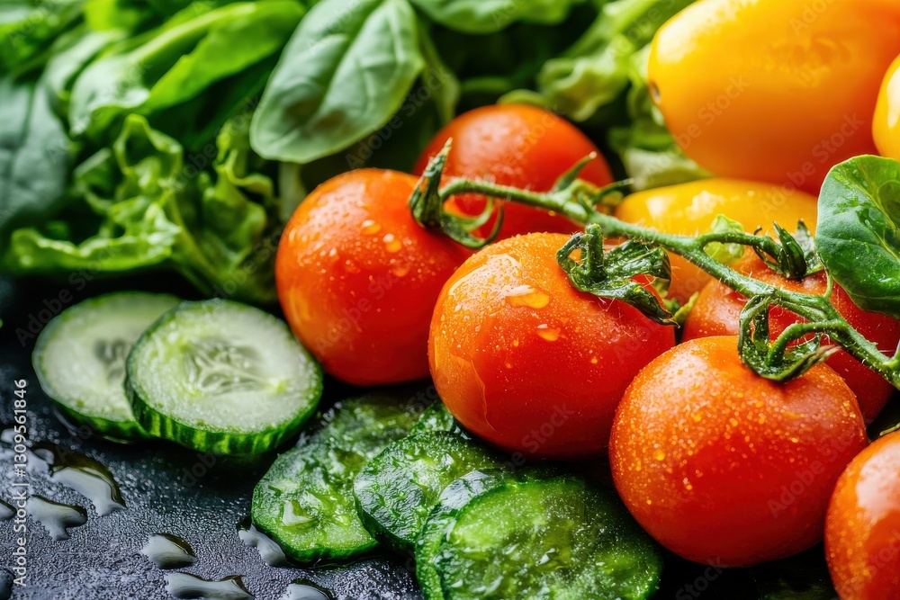 Poster fresh vegetables arranged on a dark surface with droplets of water showcasing vibrant colors and tex