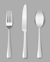 Set cutlery of fork, spoon. Hight realistic vector illustration on grey background. Ready for your design.