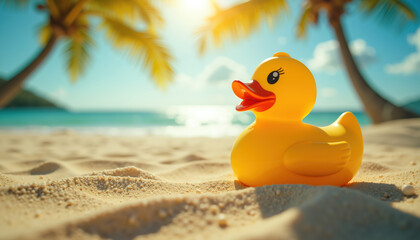 A bright yellow rubber duck sits on a sunny, sandy beach with palm trees and a sparkling ocean in the background.