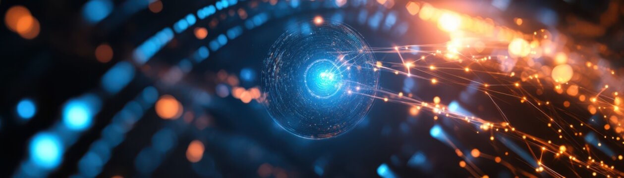 Futuristic quantum sensor glowing with entangled photon signals, advanced technology concept