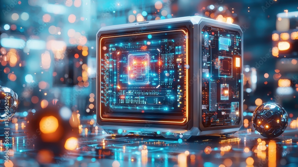 Poster exploring futuristic technology innovations in a digital environment with high-tech displays