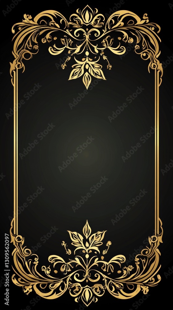 Poster golden ornate frame on a black background with intricate floral patterns and a vertical design perfe