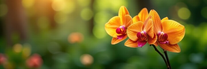 Vibrant orange orchids blooming in lush garden , blossom, foliage
