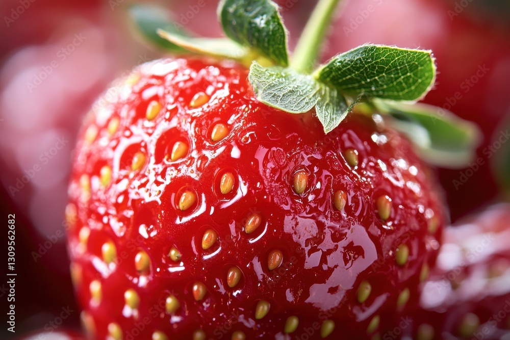 Aufkleber close-up view of a ripe strawberry showcasing vibrant red color and tiny seeds against a blurred bac