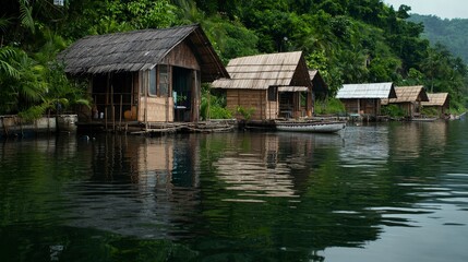 Fototapeta premium Aesthetic viewpoints traditional bamboo houses on serene waters in a peaceful natural setting
