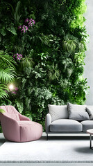 Fototapeta premium A living room with plants, white walls, and a green accent wall, modern furniture 