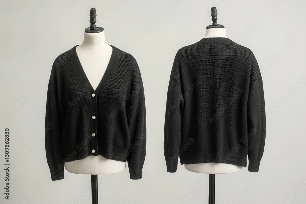Poster stylish black cardigan displayed on a mannequin showcasing both front and back views in a neutral se