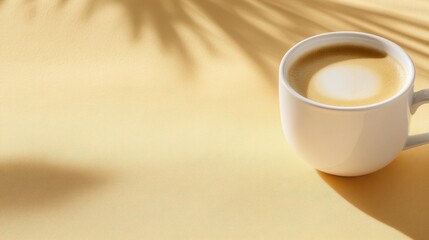 White cup of cappuccino on a golden textured surface with palm leaf shadow. Warm, summery mood. Relaxing scene.