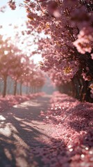 Blossoming Cherry Trees Along Pathway Under Warm Spring Sunshine