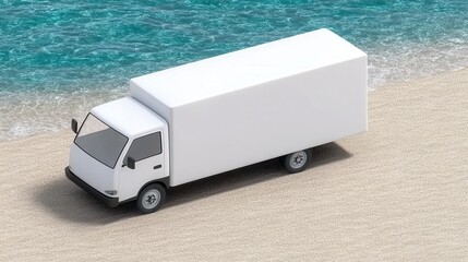 White delivery truck parked on sandy beach near ocean waves. Simple, minimalist style.  Top down perspective.