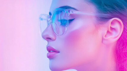 Neon Future: A side profile of a model wearing glasses in glowing pink and blue, perfect for a beauty advertisement or skincare concept.