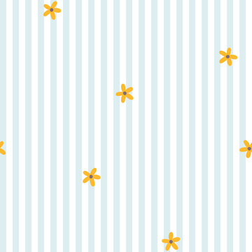 Fototapeta Preppy daisies flowers seamless pattern on vertically striped background. Vector cute cartoon yellow sunflowers hand-drawn illustration. textile, baby clothes, wallpaper, packaging, scrubbing