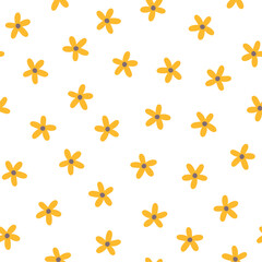Daisy floral seamless vector pattern with small yellow sunflowers in simple hand drawn cartoon kawaii style. Ideal for printing baby textiles, clothes, packaging