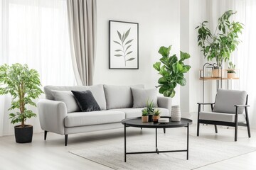 Modern living room interior with gray sofa, plants, and art.