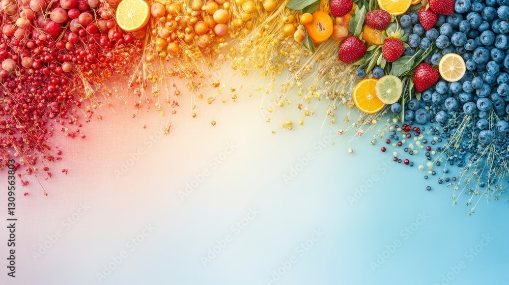 Poster vibrant assortment of colorful fruits arranged artistically, blending from red to blue, creating an 