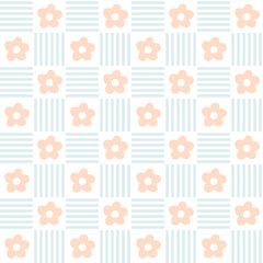 Gingham seamless vector pattern with meadow chamomile flowers. Tartan check for tablecloths, napkins, clothes, packaging, for the Easter holiday. Cozy cute childish background in a pastel palette.
