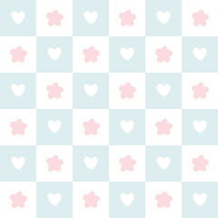 Gingham seamless vector pattern with meadow chamomile flowers and hearts. Tartan check for tablecloths, napkins, clothes, packaging. Cozy cute childish background in a pastel palette.