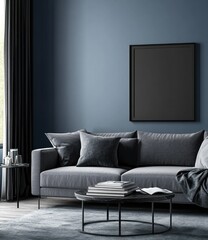 Modern living room interior with gray sofa, dark blue walls, and a blank framed art piece.