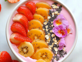 Fruits in a bowl of yogurt from above, gourmet breakfast 